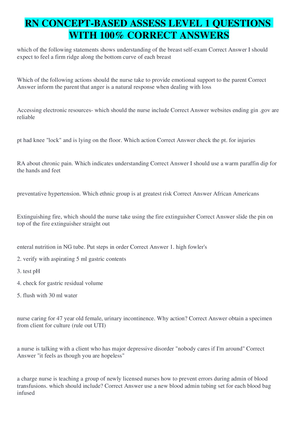 Preview image for RN CONCEPT-BASED ASSESS LEVEL 1 QUESTIONS WITH 100% CORRECT ANSWERS